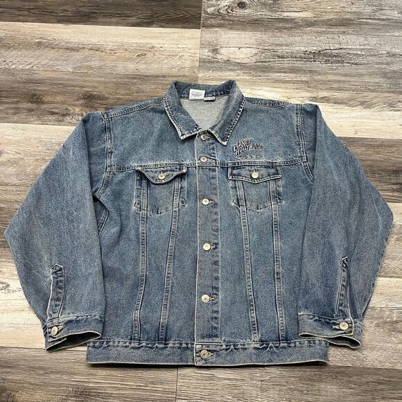 Vintage 90s Planet Hollywood Myrtle Beach Blue Mens M Trucker Denim Jean Jacket - Picture 2 of 9